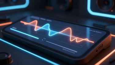Modern audio player interface with glowing neon blue and orange waveforms, dark background, clean UI, glassmorphism elements.