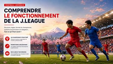 Illustration du fonctionnement de la J.League avec un match de football dans un stade japonais.