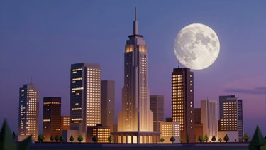 Wide Blender 3D render of a stylized futuristic cityscape at dusk — low-poly buildings with glowing windows, a large moon rising on the right, deep blue-to-purple sky gradient