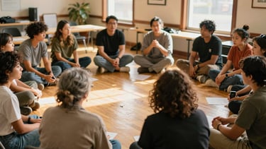 Candid photo of a lively, collaborative workshop circle in a community center in Oakland, diverse participants, warm natural light, shallow depth of field.