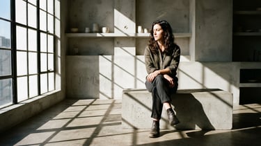 A high-contrast wide environmental portrait of a subject seated on a minimalist concrete block, harsh direct sunlight casting deep geometric shadows, muted earth tones, 35mm grain.