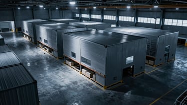 High-angle architectural shot of a massive modern logistics warehouse with sharp cool-toned artificial lighting and dramatic shadows.