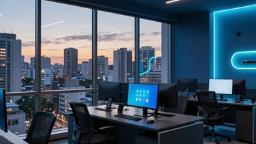 A high-end, wide-angle interior photograph of a sleek South American / Brazilian technology agency workspace at dusk. The room features dark blue and black furniture with electric cyan neon accents on the walls. Sophisticated lighting highlights modern computer setups and large glass windows overlooking a metropolitan cityscape, projecting a mood of innovation and reliability.