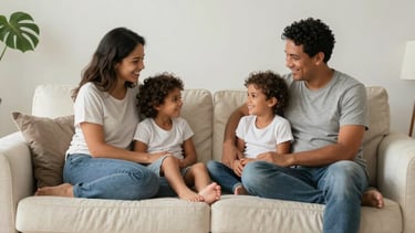 A South American / Brazilian family relaxing happily on a large, clean, cream-colored fabric sofa in a minimalist and organized living room. The scene is filled with soft natural light, conveying a professional sense of hygiene, comfort, and well-being. Photography in a professional lifestyle style.