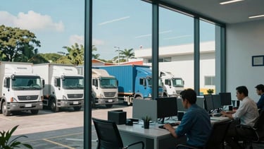 A professional photography shot of a modern logistics coordination office in Brazil during the day. Through large glass windows, a clean courtyard with trucks is visible. The interior has a dark teal and muted blue color scheme. South American / Brazilian setting with professional attire visible.