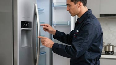 High-quality photography of a professional technician in a dark navy uniform diagnosing a modern refrigerator. The setting is a bright, clean Middle Eastern / Gulf residential kitchen with soft grey surfaces and professional lighting, conveying expertise.