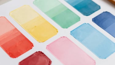 Palette of custom paint colors arranged neatly on a table