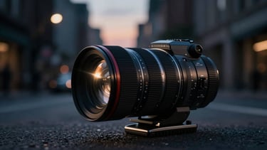 Cinematic film still, low-key lighting, anamorphic lens flare across a dark urban street at twilight, 2.39:1 aspect ratio
