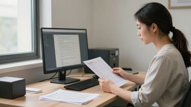 Wide shot of a quiet GP consulting room, a practitioner seated at a desk reviewing patient notes on a monitor, even indoor window light from the left, papers and a keyboard visible in the foreground, no patient present