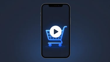 High-fidelity 16:9 dark-mode mobile UI screen showing a shopping cart being populated by an AI agent, soft blue glowing interface, play button overlay, minimalist 3D render