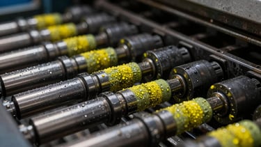 Detalle macro de los rodillos de tinta de una prensa offset industrial en funcionamiento, con gotas de tinta amarilla y reflejos metálicos, luz dramática.