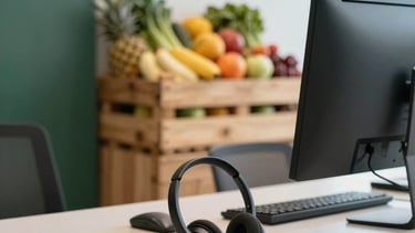 A clean, modern South American office interior in Brazil focusing on a professional customer service workstation. A desk features a modern headset and a sleek monitor, while in the blurred background, a rustic wooden crate filled with fresh, colorful tropical fruits and vegetables highlights the food commerce specialty. Soft natural daylight illuminates the scene with deep green and off-white accents.
