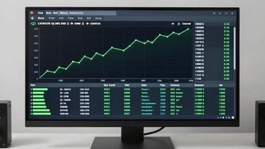 Wide panoramic overhead view of a campaign performance dashboard on a large monitor, green metric lines trending upward, clean desk environment, bright studio lighting, no people