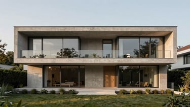 Symmetrical architectural shot of a minimalist functionalist villa facade in Troja, concrete and glass elements, manicured garden, soft afternoon light