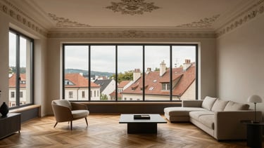 Interior of a luxury penthouse in Bubenec, high ceilings with ornate plasterwork, herringbone parquet floor, modern minimalist furniture, large window overlooking historic rooftops