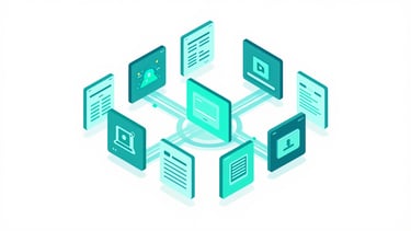 Isometric 3D vector illustration of a vibrant digital marketplace hub with interconnected app screens, glowing teal and cyan data pathways, clean white background, crisp digital rendering
