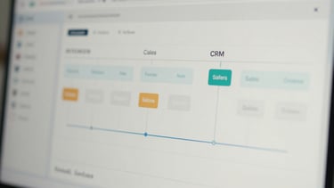 Close-up of a modern CRM dashboard showing sales pipeline automation flows, clean neutral daylight, cool desaturated tones, sharp focus