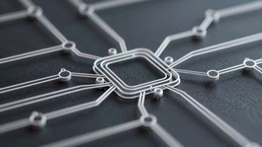 Abstract geometric wireframe representing data pipelines and API webhook connections, crisp white lines on deep charcoal background, sharp focus