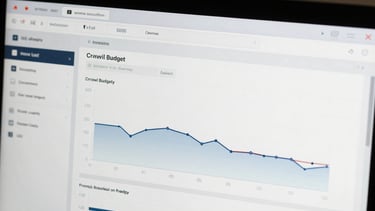 High-contrast screenshot of a technical SEO crawler interface displaying indexing logs and crawl budget graphs, cool desaturated tones, sharp focus