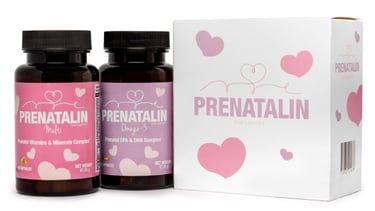Prenatalin prenatal vitamins and Omega-3 supplement bottles with pink packaging for pregnancy support.