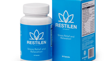 Restilen natural stress relief and relaxation food supplement bottle and box containing 60 capsules.