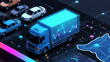 Smart logistics app tracking a delivery truck and fleet with real-time data analytics and map navigation.