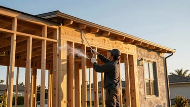 A professional technician applying clear fire-retardant treatment to the structural framing of a premium Malibu home, warm California golden-hour sunlight, clear skies.