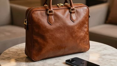 A professional leather briefcase and a high-end smartphone on a marble table in a luxury lounge. Soft evening light illuminating the scene with warm gold tones. North American / Hispanic professional setting.