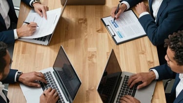 Top-down view of a modern conference table with four diverse business professionals discussing a project. Hands are visible pointing at documents and laptops. Gold and dark blue color palette. North American / Hispanic context.