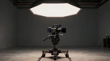 Wide environmental production still of a video shoot in progress: cinema camera on a dolly track inside a clean industrial studio space, a single product-hero scene lit by a large octabox from above, no crew faces visible, focus on the rig and the lit subject, charcoal walls and warm key light