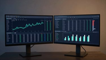 Panoramic wide crop of a transaction analytics dashboard filling two monitors side by side, showing settlement flow timeline charts with cyan accent lines, transaction state breakdown table, failure reason histogram, dark navy UI on screen, cool studio strobe lighting, no warm tones, minimal environment outside the screen