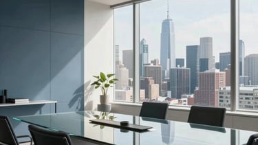 High-end, minimalist corporate office interior in a North American skyscraper overlooking a city skyline. Soft daylight illuminates a clean space with slate blue accents, a glass conference table, and professional decor, exuding a results-driven and innovative atmosphere.