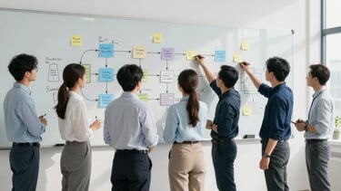Medium shot of operations consultants and manufacturing staff gathered around a large whiteboard, actively mapping a production process with sticky notes and markers, bright natural architectural daylight, cool desaturated tones with deep navy shadows, wide-angle lens