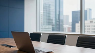 Interior of a modern executive meeting room in Mexico City with large windows overlooking skyscrapers. A clean wooden table holds a sleek laptop and a leather notebook. The atmosphere is professional, sober, and bright, with deep blue and white accents in the decor.