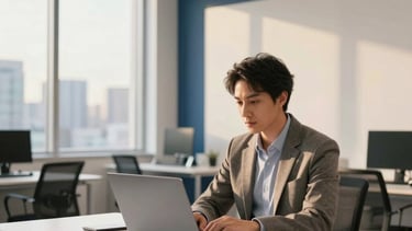 A professional, high-tech North American office scene. A focused business leader in smart-casual attire works at a minimalist desk with a premium laptop. The background shows a clean, modern workspace with white walls, dark blue accents, and floor-to-ceiling windows overlooking a city skyline at golden hour.