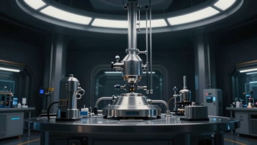 Widescreen film still of a futuristic industrial laboratory, cool metallic silver tones, deep navy shadows, dramatic overhead rim lighting