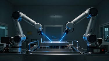 Widescreen film still of an automated cleanroom facility, robotic arms in motion, sharp electric blue laser guides, low-key cinematic lighting