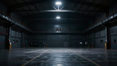 Wide panoramic shot of a cinematic production set in a low-light industrial hangar, dramatic rim lighting, cool metallic tones