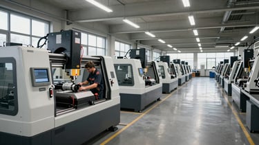 Wide panoramic technical workshop interior in Germany, rows of CNC machines under industrial ceiling lights, a technician in work gear adjusting equipment in the left third, the right two-thirds showing the expanse of the factory floor, natural daylight from high windows, no retouching