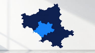 Clean minimalist graphic map of Kitchener, Ontario and Waterloo Region, styled in corporate navy blue and electric blue tones, sharp vector lines, bright daylight presentation