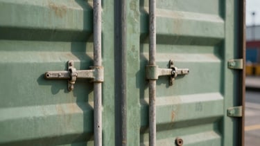 Close-up of a heavy steel shipping container latch being locked, weathered green paint, harsh natural sunlight casting sharp shadows, industrial port terminal blurred in background.