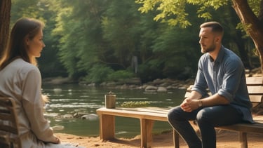 A counselor gently listening to a client in a peaceful setting