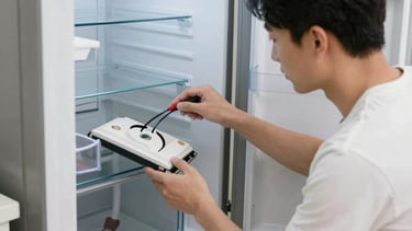 Close-up of a refrigerator being serviced by a professional technician