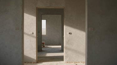A cinematic shot through a doorway of an unfinished set, showing the interaction of light and shadow on raw construction materials. The style is professional and artistic, highlighting the architecture of a film production in progress.