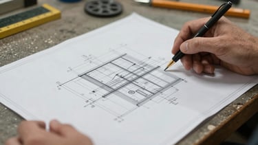 A close-up photograph of a technical set blueprint being held by hands in a North American workshop. The focus is on the precision of the lines and the tactile nature of the paper.
