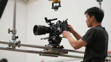 A professional photography shot of a film crew member working on the high-angle rigging of a set structure. The composition emphasizes the scale and engineering of North American television production.