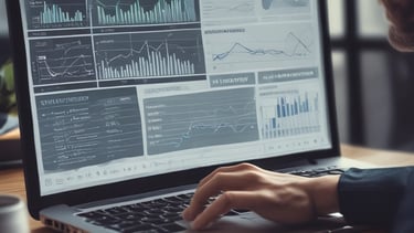 A professional working on a laptop with SEO analytics on screen