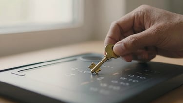 Close-up of hands placing a brass key onto a secure digital logging pad, soft morning light, shallow depth of field, rich muted earth tones