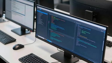 A professional European French IT support desk environment. A high-angle photograph showing a clean, modern workspace with multiple high-resolution monitors displaying server status dashboards and code. The lighting is bright and natural. The color palette features deep navy blue and steel blue accents, emphasizing technical reliability and professional efficiency.