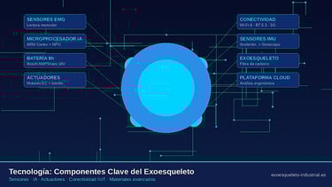 Diagrama de componentes clave de un exoesqueleto inteligente: sensores EMG, IA, actuadores, conectividad 5G